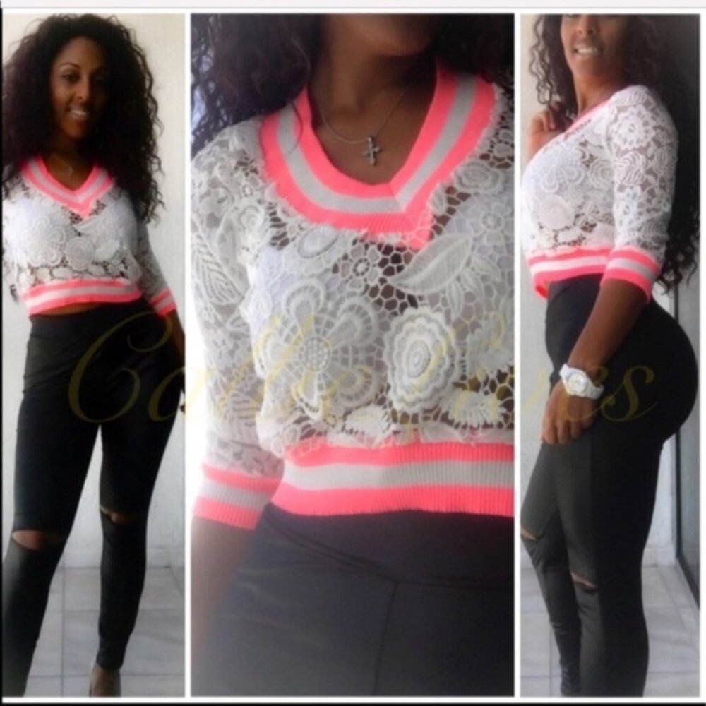 Lace Cardigan Pink Stripe White Varsity Top - Picture 4 of 5